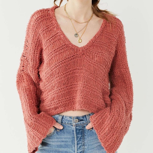 Urban Outfitters Sweaters - UO Tahiti Bell-Sleeve Fringe Crop Sweater SM Pink